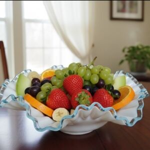 Vintage Fenton White Ruffled Glass Bowl Baby Blue Trim Centerpiece